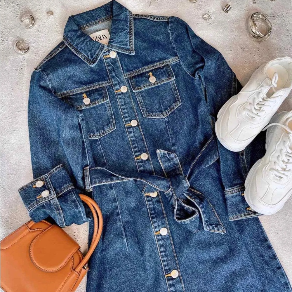Zara Dark Blue Denim Dress with Belt - Size XL